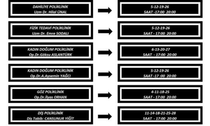 SULUOVA DEVLET HASTANESİ AĞUSTOS AYI MESAİ DIŞI UYGULAMA TAKVİMİ.