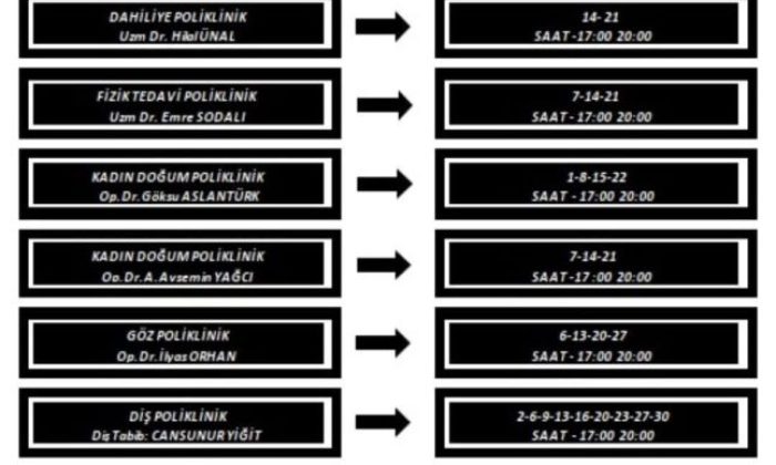 SULUOVA DEVLET HASTANESİ EKİM AYI MESAİ DIŞI UYGULAMA TAKVİMİ