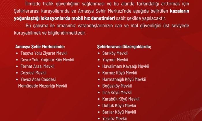 AMASYA İLİMİZDE MOBİL HIZ DENETİMLERİNİN YAPILACAĞI SABİT NOKTALAR BELLİ OLDU