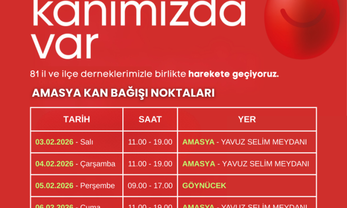 AMASYA GENELİNDE KAN BAĞIŞI SEFERBERLİĞİ, “İYİLİK KANIMIZDA VAR” KAMPANYASI BAŞLIYOR