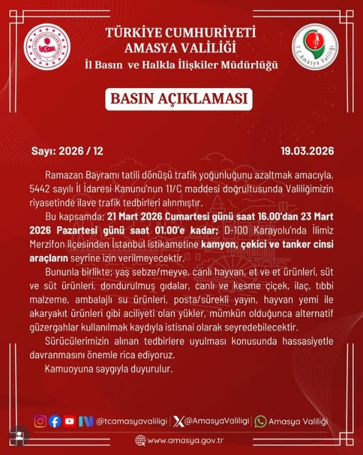 AMASYA VALİLİĞİNDEN ÖNEMLİ DUYURU !